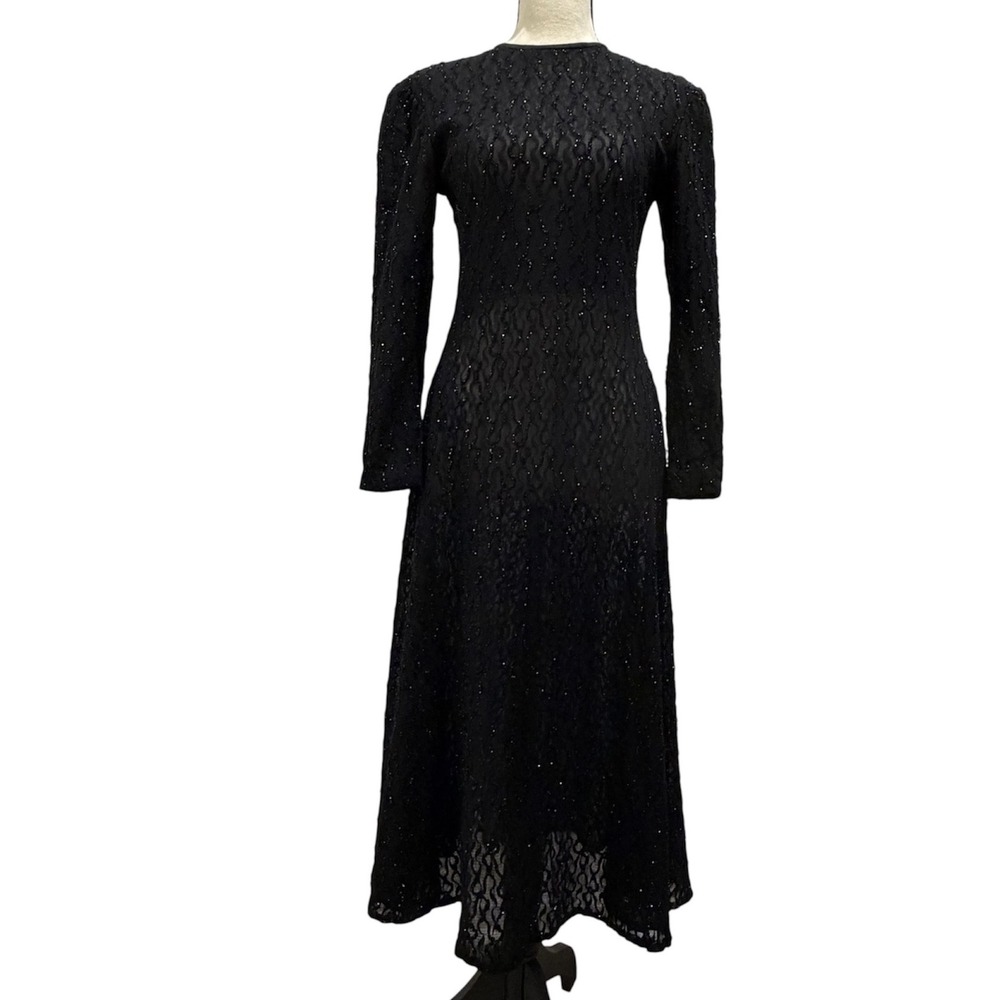 Bari Jay Vintage Black Sequin Lace Long Sleeve Evening Gown Maxi Dress Size 7-8 - Picture 2 of 11